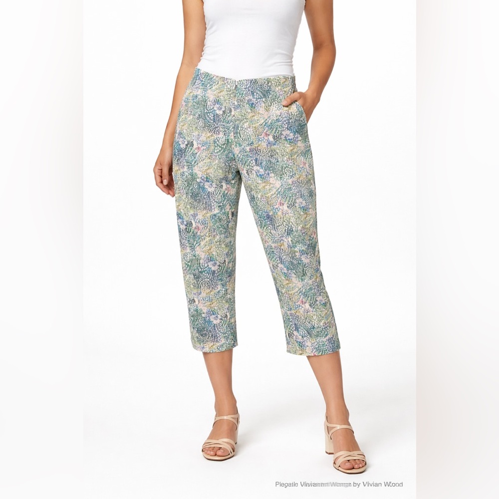 Vivian Wong Size 10 Cropped Textured Pants Floral Stretch Zip Front